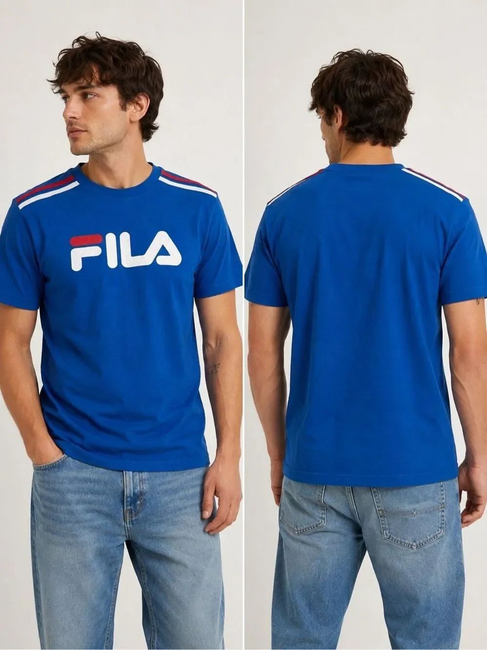 Vintage FILA Blue Logo Graphic T Shirt Mens Size S Red White Stripe Cotton